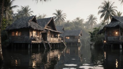 Obraz premium Traditional Thai Stilt Houses Over Water with Palm Trees at Dawn.