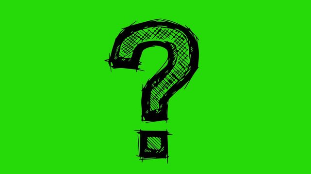 hand drawn black fill question mark animation with line boil effect on green screen chroma key background for easy editing, symbol of doubt and curiosity