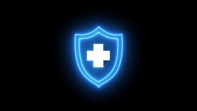 An animated neon shield with a medical cross icon. Represents health protection, medical safety, insurance, and digital healthcare concepts. Glowing neon health shield symbol animation video,4k video