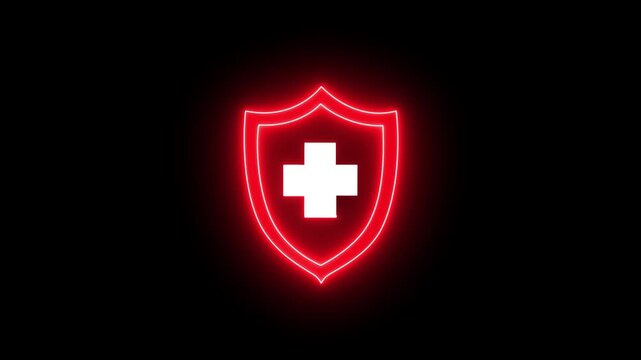 An animated neon shield with a medical cross icon. Represents health protection, medical safety, insurance, and digital healthcare concepts. Glowing neon health shield symbol animation video,4k video