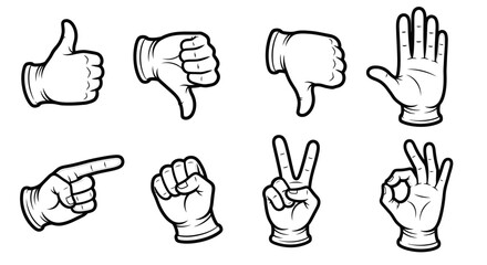 Diverse Hand Gestures Communication Set Black and White, Isolated White Background