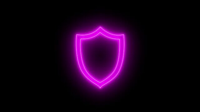 Neon shield icon glowing animation security, safety icon. cybersecurity shield, digital protection, neon blue waves, glowing shield icon.Bright neon security neon frame with black background,4k video
