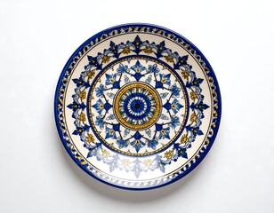 Obraz premium A top-down view of a decorative ceramic plate featuring an intricate, symmetrical floral pattern in shades of blue, yellow, and white