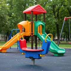 Bright, colorful playground equipment set against a blurry green park background, offering ample space for copy or promotional banners ,equipment ,horizontal ,sunny