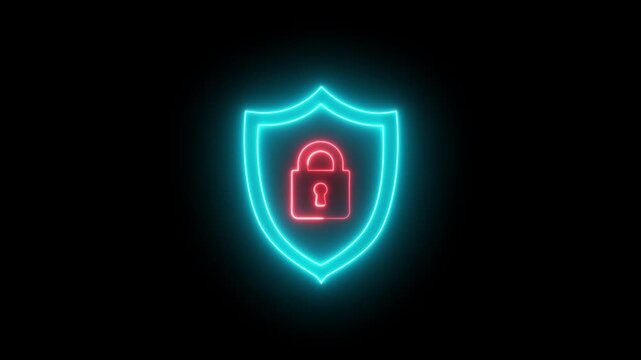 Glowing neon line of padlock shield animated icon protective shield lock guard barrier icon. Able use graphic isolated on transparent background.digital privacy, padlock logo with neon lines 4k video