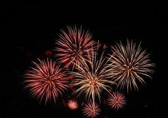 Fototapeta premium Brilliant bursts of red, gold, and green pyrotechnics illuminate the deep black night sky during a major holiday celebration event ,night ,brilliant ,green
