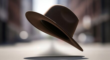 Floating hat captured in midair above an urban surface.