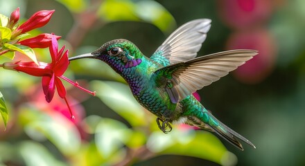 Hummingbird hovering near a red flower while feeding.