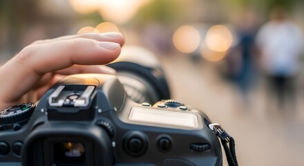 Photographer adjusting camera settings in a busy street scene.