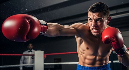 Boxer throwing a powerful punch during a match.
