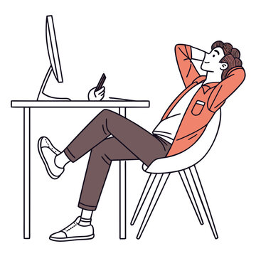 Relaxed employee sitting at desk with feet up computer monitor