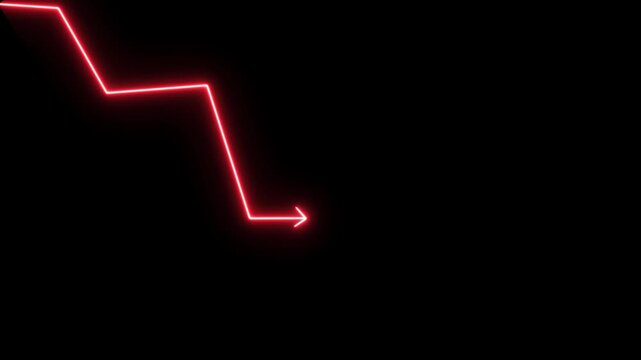 Neon Line Graph Arrow Downwards Against Black .Abstract neon line arrow down business graph, 4k video