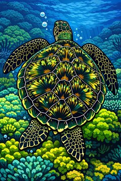 illustration of a sea turtle swimming over a vibrant coral reef. Featuring a detailed shell pattern with yellow and green accents, bubbles, and a deep blue ocean background. Modern flat art style with