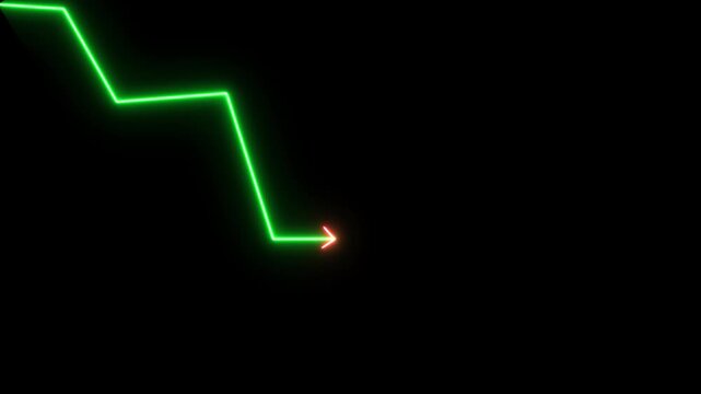 Neon Line Graph Arrow Downwards Against Black .Abstract neon line arrow down business graph, 4k video