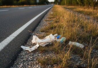 Obraz premium Close up shot of scattered trash, including plastic and crumpled paper, strewn carelessly among dry weeds and gravel at the edge of a busy road shoulder ,paper ,cleanup ,shoulder