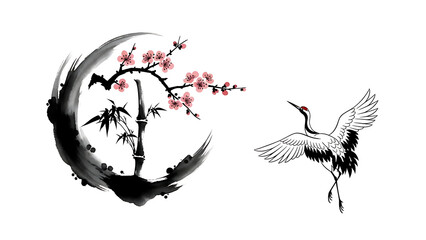 Naklejka premium Black and pink bamboo tree with crane bird isolated on a transparent background