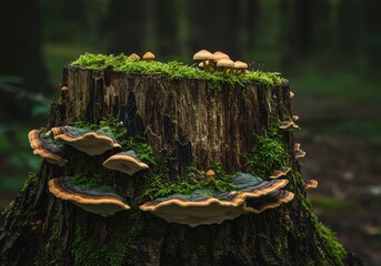 Fototapeta premium Close view of a rotting wooden tree stump overtaken by colorful mushrooms and dense moss, illustrating forest decomposition ,ecosystem ,log ,wild