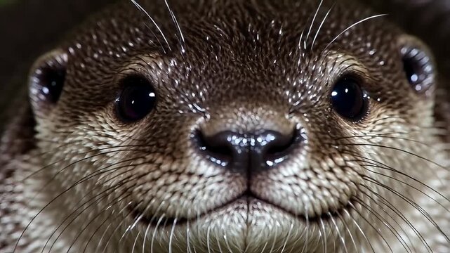 Curious otter's face close-up with dark, expressive eyes and wet whiskers