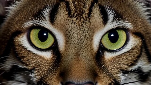 Intense gaze of a wild cat with striking green eyes, showcasing intricate fur patterns