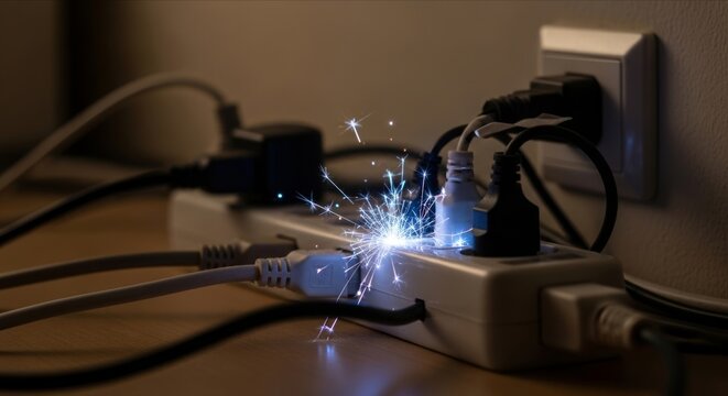 Spark from Electrical Outlet with Cables and Power Strip in Focus