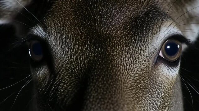 Intense gaze of a deer's eyes, close-up detail of its fur and sensitive nose.