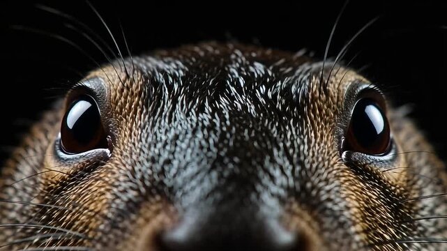 Curious squirrel's wide eyes looking up in close-up detail with dark background
