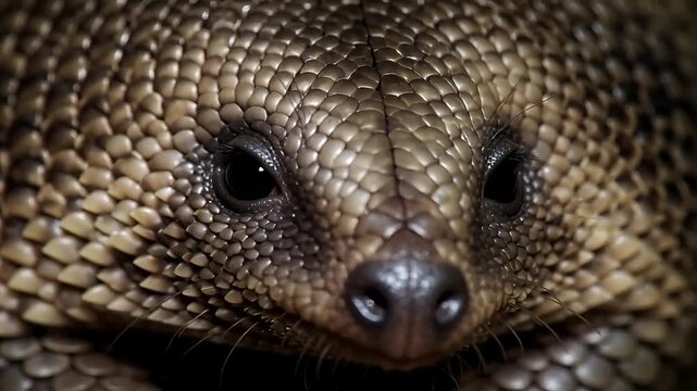 Close-up of an armadillo's textured scales and curious eyes, highlighting its unique skin.