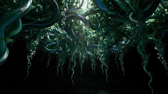Mysterious jungle foliage with hanging vines and green leaves in dark fantasy environment.