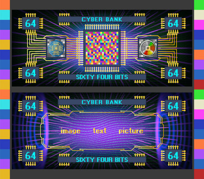 Vector obverse and reverse of futuristic abstract electronic banknote. Digital money. Cyber bank, denomination 64 bits. Bright glowing radiant screen. Graphic computer chip, pixels. Sample