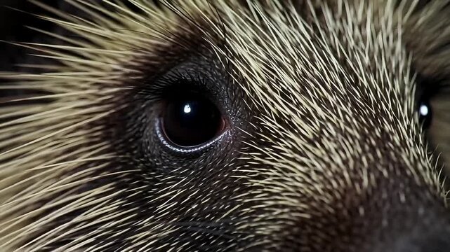 Close-up of a curious hedgehog's dark eye and spiky fur