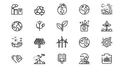 Fototapeta premium ESG Environmental icons set. Includes icons for sustainability, pollution, carbon footprint, recycling, renewable energy, climate action, and conservation. Editable stroke. Line icons. Stock Vector