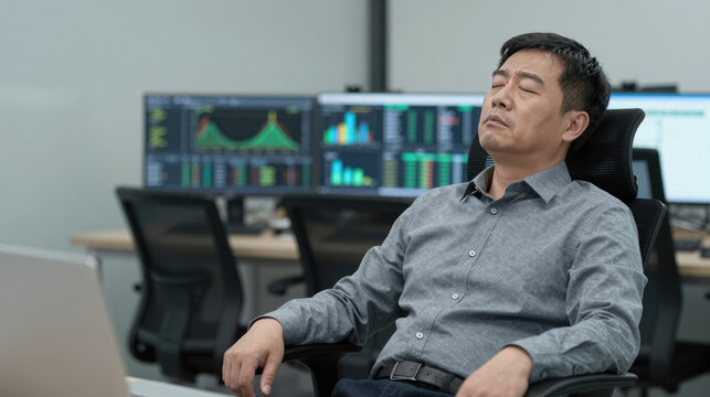 Middle aged man tired at office desk with multiple monitors showing charts and graphs, exhausted and stressed after long workday