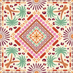 Geometrical tropical tile, scarf, square seamless pattern. Rhombus ornament, palm tree, ethnic sun, tribal stripe, leopard skin. Vector summer beach print, textile design. repeat background, wallpaper