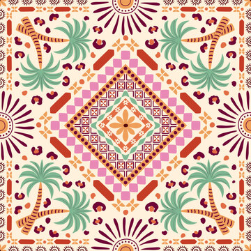 Geometrical tropical tile, scarf, square seamless pattern. Rhombus ornament, palm tree, ethnic sun, tribal stripe, leopard skin. Vector summer beach print, textile design. repeat background, wallpaper