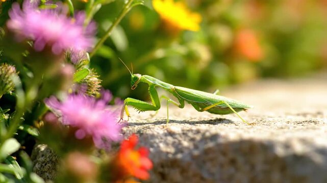 Green praying mantis resting in garden with pink flowers. Insect and nature.