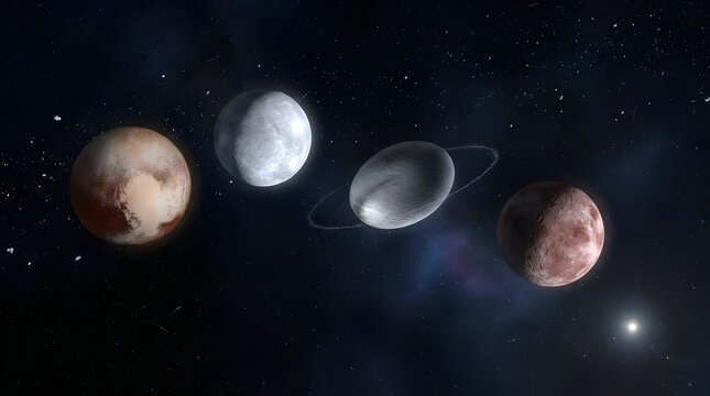 Four dwarf planets in a row against a dark starry background in space.