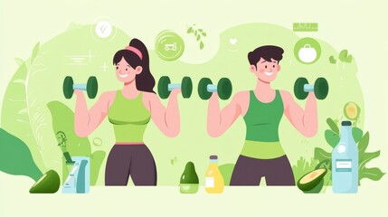 Healthy Couple Weightlifting with Avocado and Green Drinks