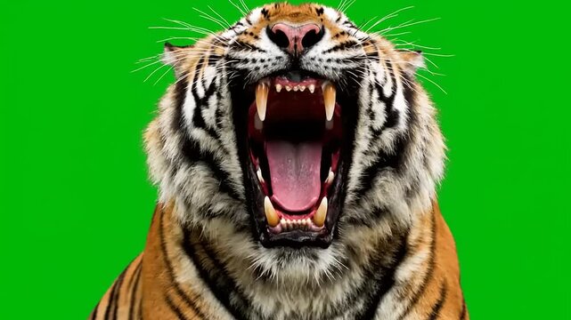 Furious Tiger Roaring Aggressively on a Green Screen Background - Close-Up Shot of a Wild Animal Displaying Its Teeth