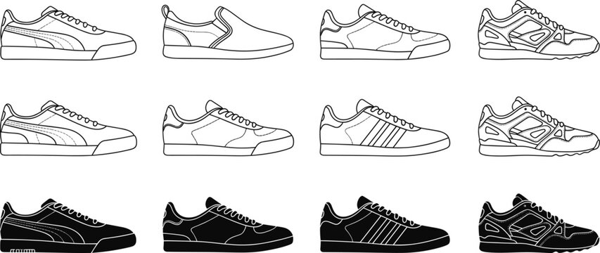 Black Line Art and Silhouette Illustration Set of Diverse Men&rsquo;s Sneakers and Athletic Shoes Featuring Casual Slip-Ons and Performance Trainers Isolated on White Background