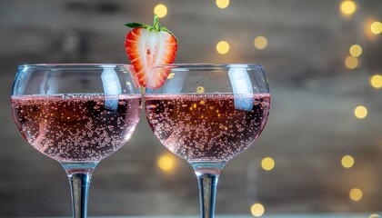 Rose Champagne with Heart Shaped Strawberry and Bokeh
