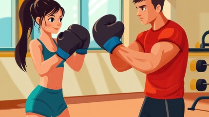 Woman and man boxing in gym