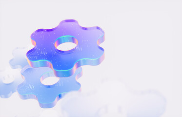Abstract glass gear system for Web3, Blockchain and AI infrastructure. 3d rendering