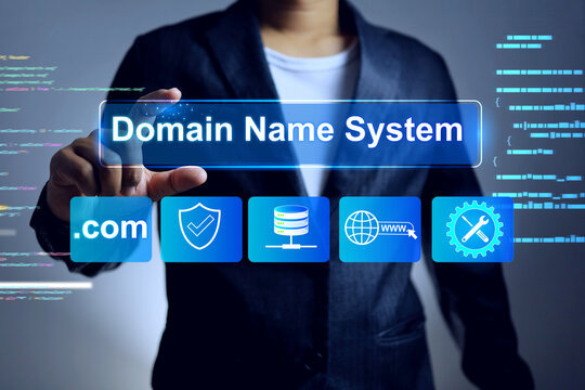 DNS domain name system concept and web server network with businessman holding infographic registration, website name, url address web page and hosting on creation