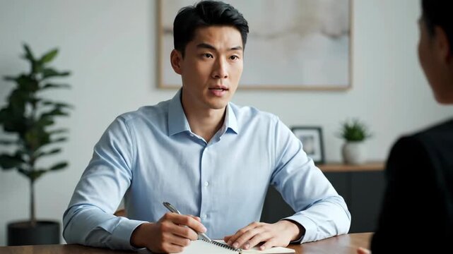 Asian man in a business meeting discussing notes at desk in modern office. Business communication and interview concept.