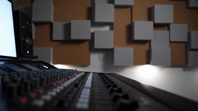 Sound mixer in recording studio featuring music production equipment, monitor, and acoustic treatment, perfect for audio engineering and music industry themes.