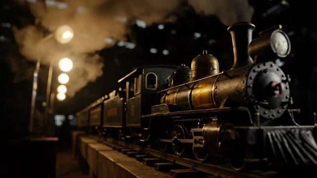 Detailed close-up of a vintage steam engine train on railway with smoke and soft lighting, classic transport