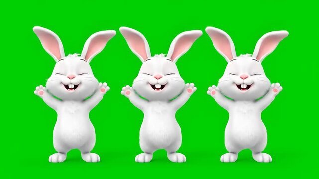 Three cheerful cartoon bunnies with their arms raised in celebration against a vibrant green background