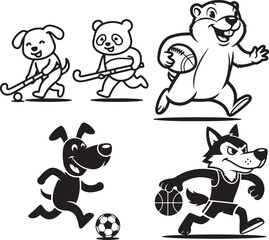 Obraz premium Vector cartoon animal sports mascots: dog playing field hockey and soccer, panda with hockey stick, gopher running with football, wolf playing basketball, isolated on white