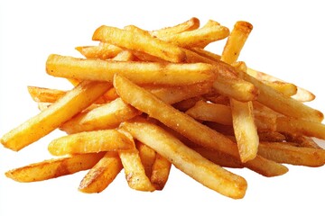 Golden french fries pile on white background isolated fast food concept