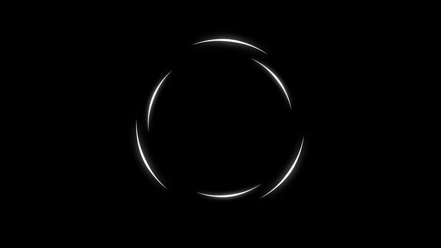 4K loading circle animation, alpha channel spinning progress bar white glowing gradient ring UI indicator abstract digital buffering loop isolated on black screen background